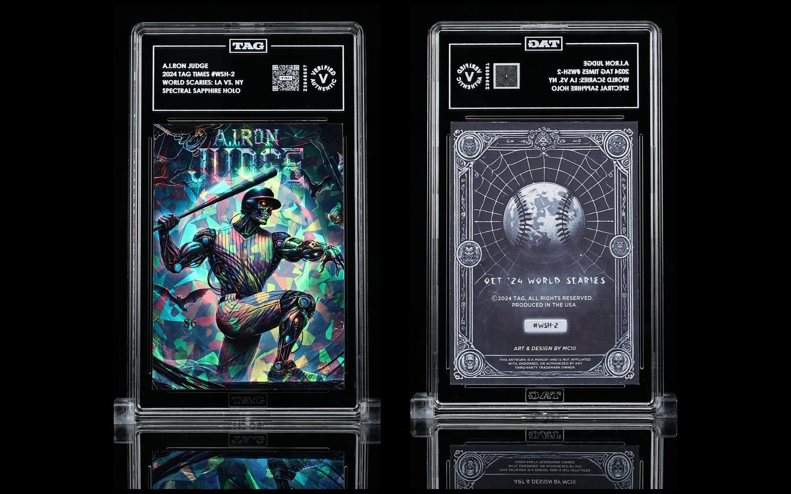 TAG studio photo of the graded 2024 TAG Times World Scaries #WSH-2 A.I.ron Judge Spectral Sapphire /86 slab, front and back