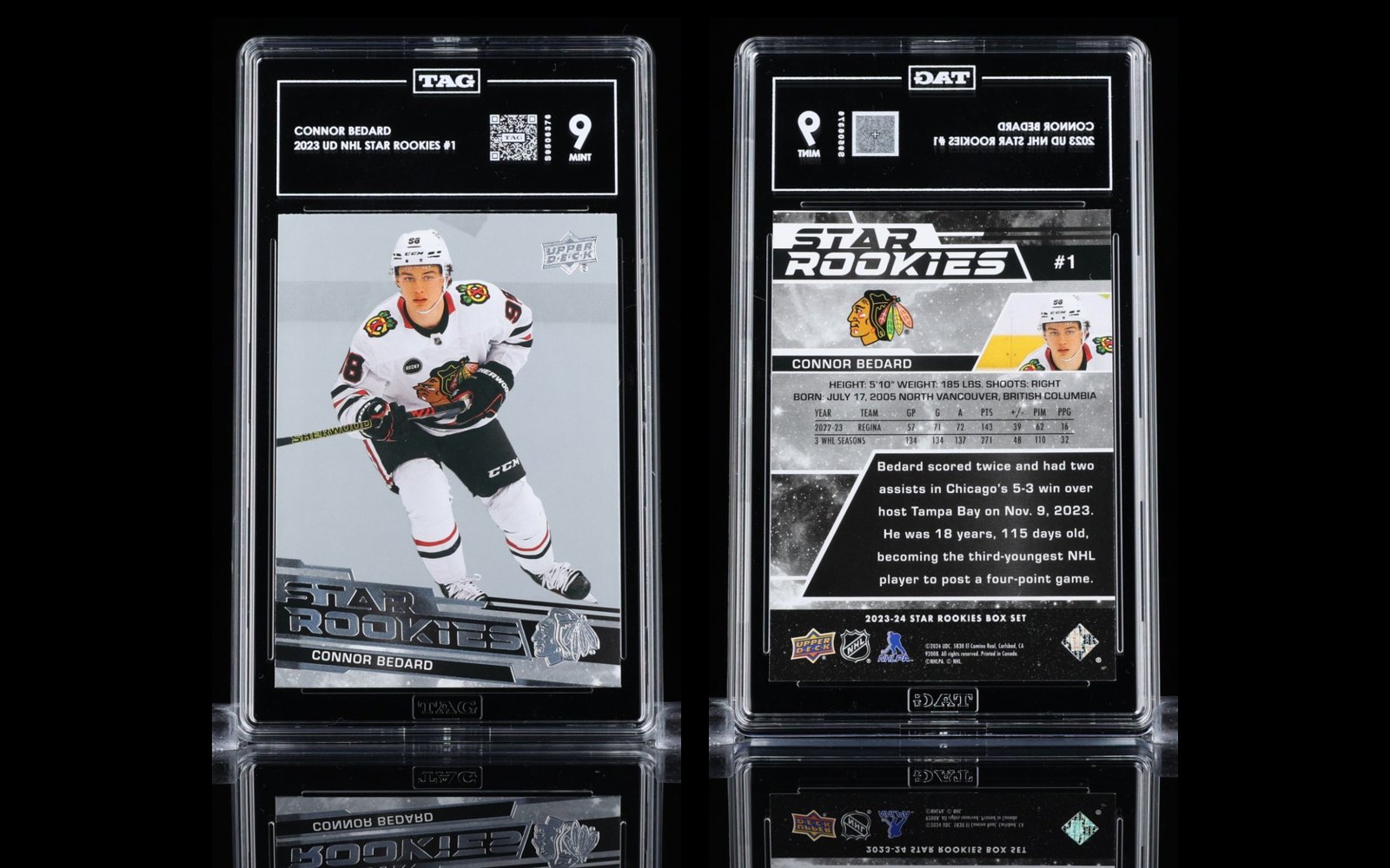 TAG studio photo of the graded Connor Bedard Star Rookies card, front and back