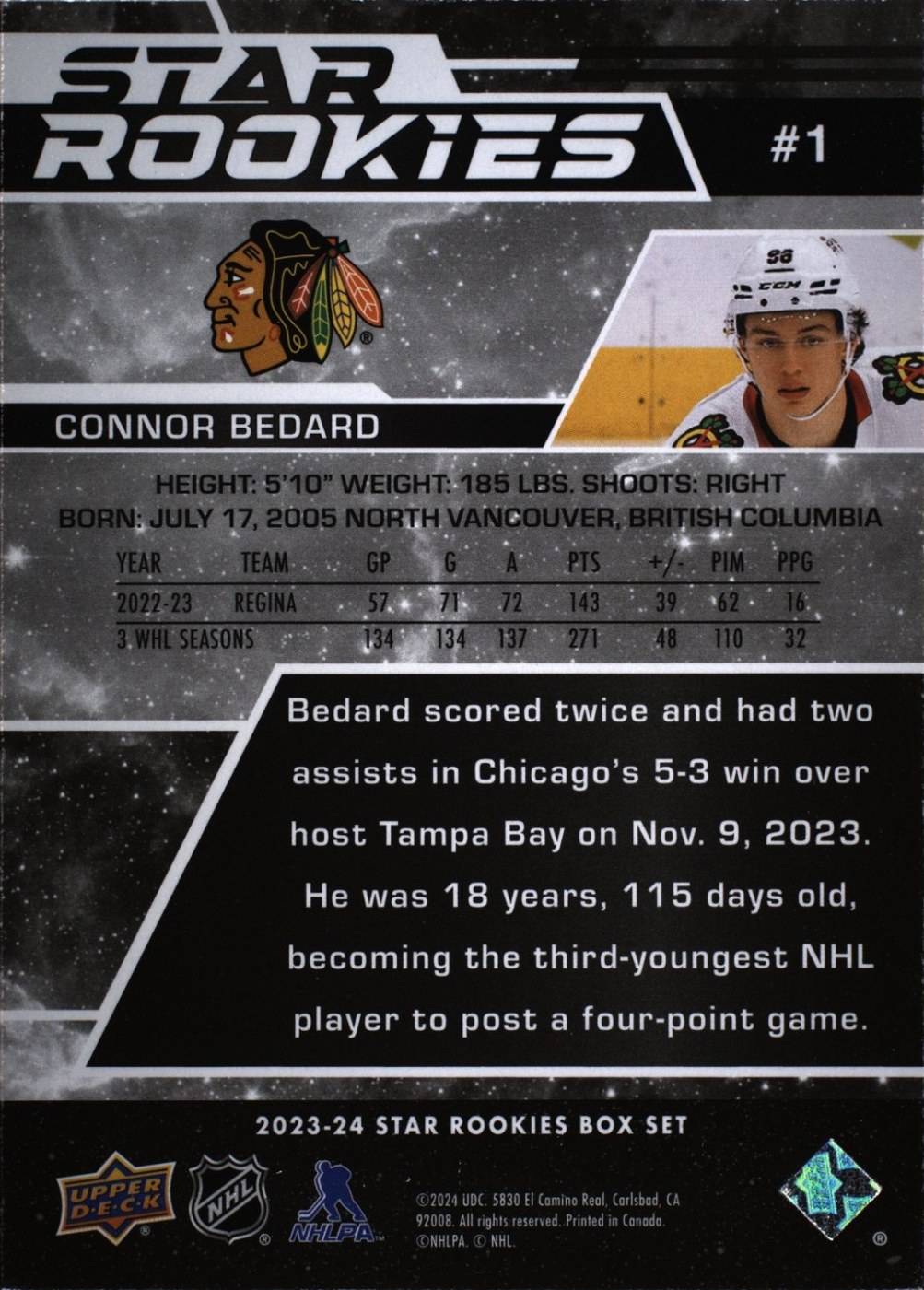High-resolution TAG scan of the back of the Connor Bedard Star Rookies card