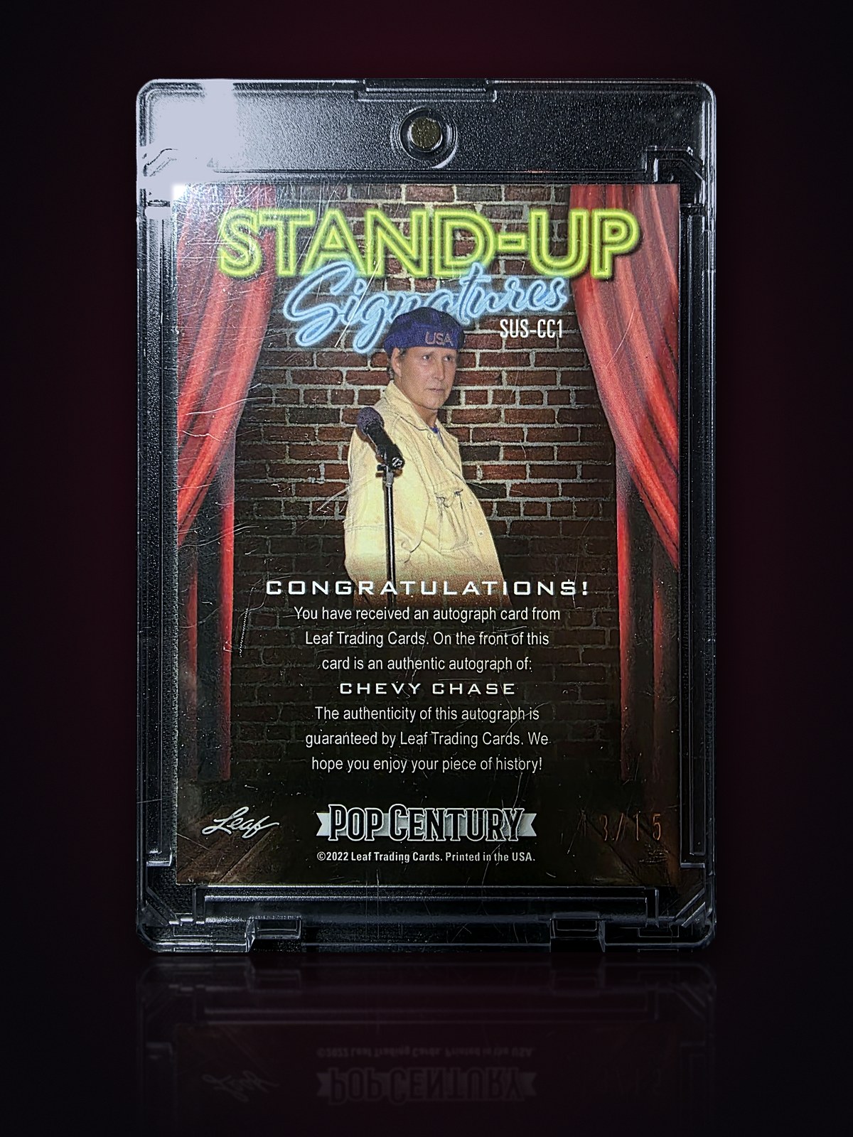 Back of the Chevy Chase Stand-Up Signatures card with the Leaf authenticity statement