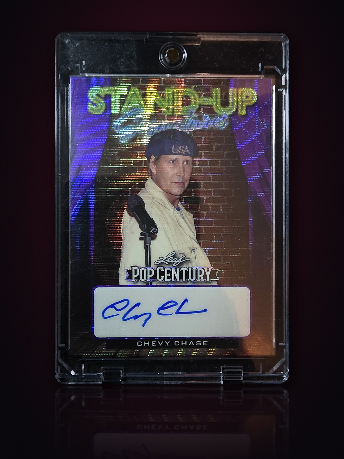 Front of the purple Chevy Chase Stand-Up Signatures autograph card