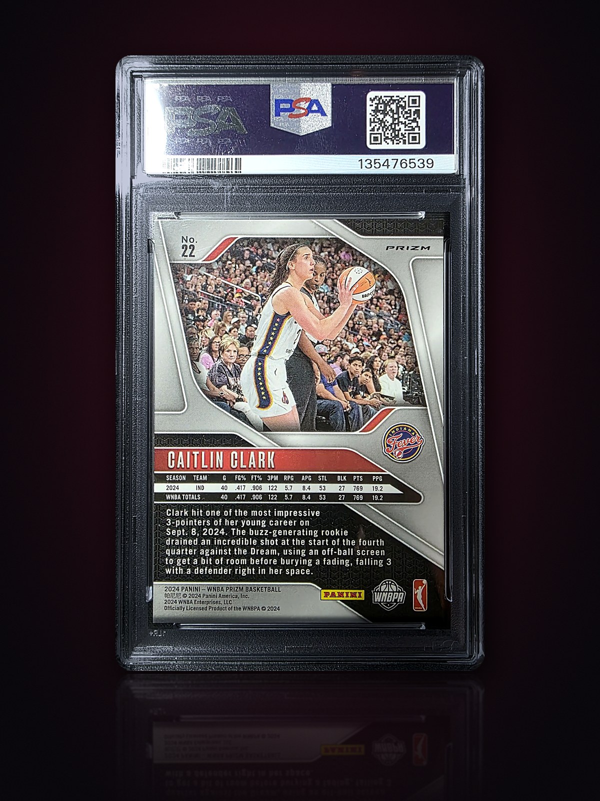 Back of the Caitlin Clark Prizm card with her 2024 stats