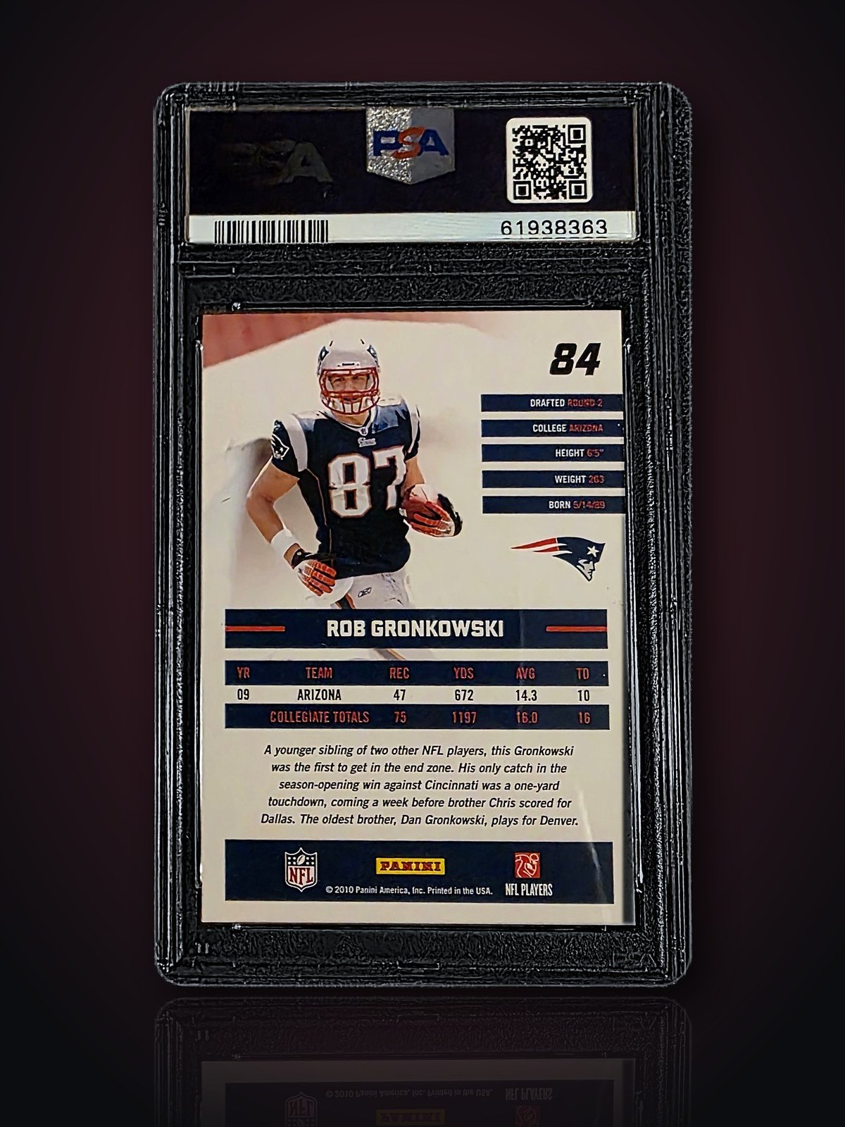 Back of the Rob Gronkowski Donruss card with his Arizona stats