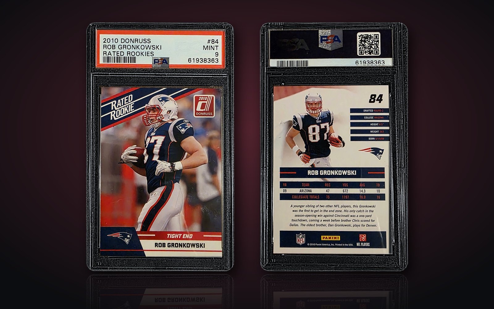 Front and back of the PSA 9 graded 2010 Donruss Rated Rookie Rob Gronkowski card number 84
