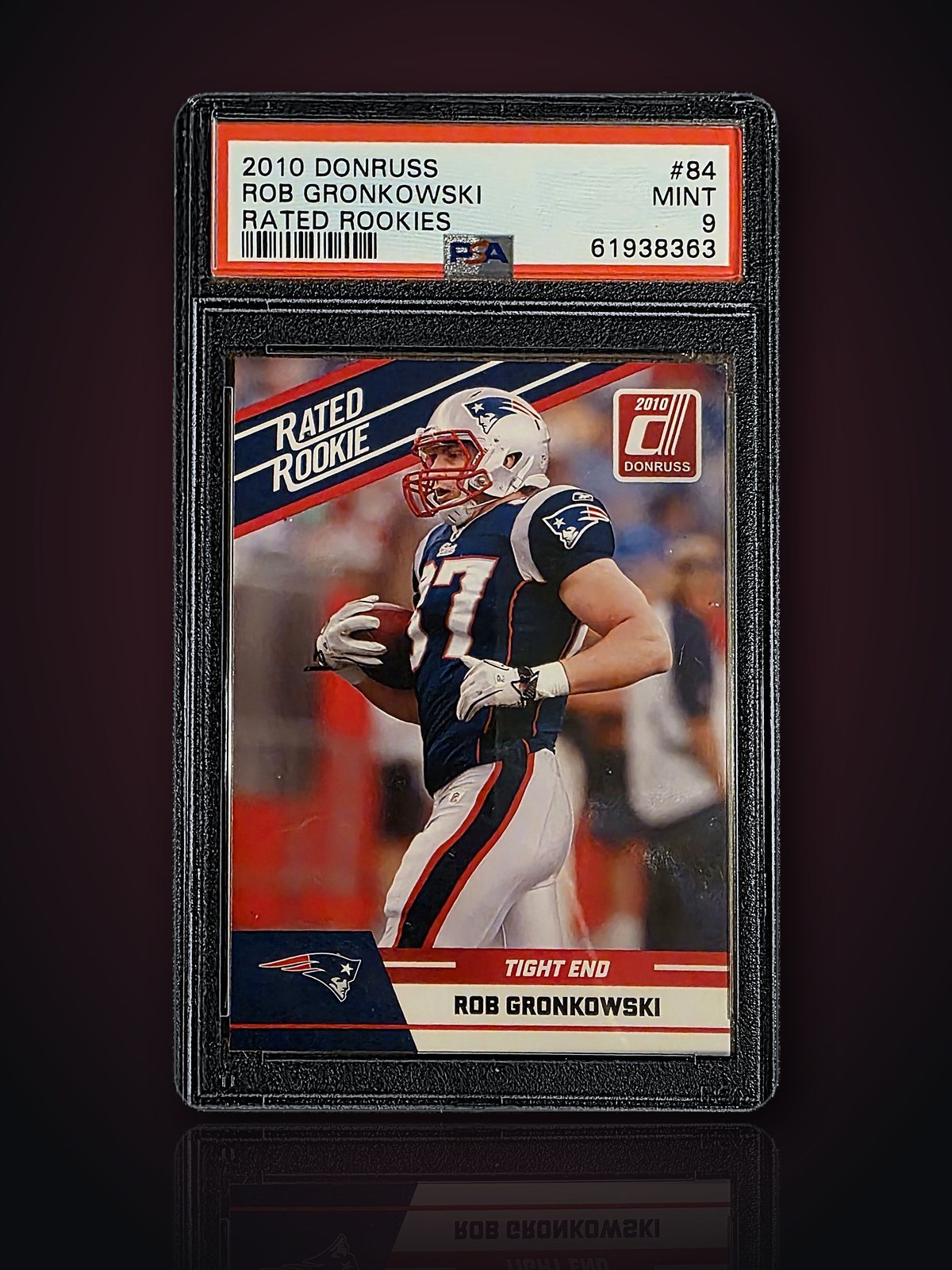 Front of the Rob Gronkowski Rated Rookie card in a Patriots #87 jersey
