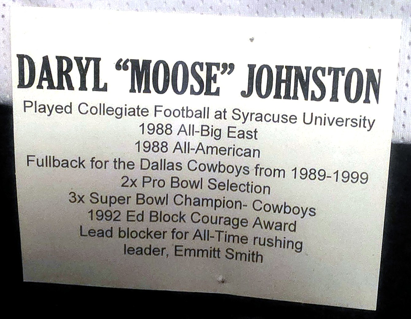 Nameplate listing Daryl Johnston's career highlights