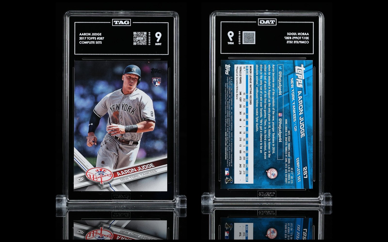 TAG studio photo of the graded 2017 Topps #287 Aaron Judge rookie (Complete Set) slab, front and back