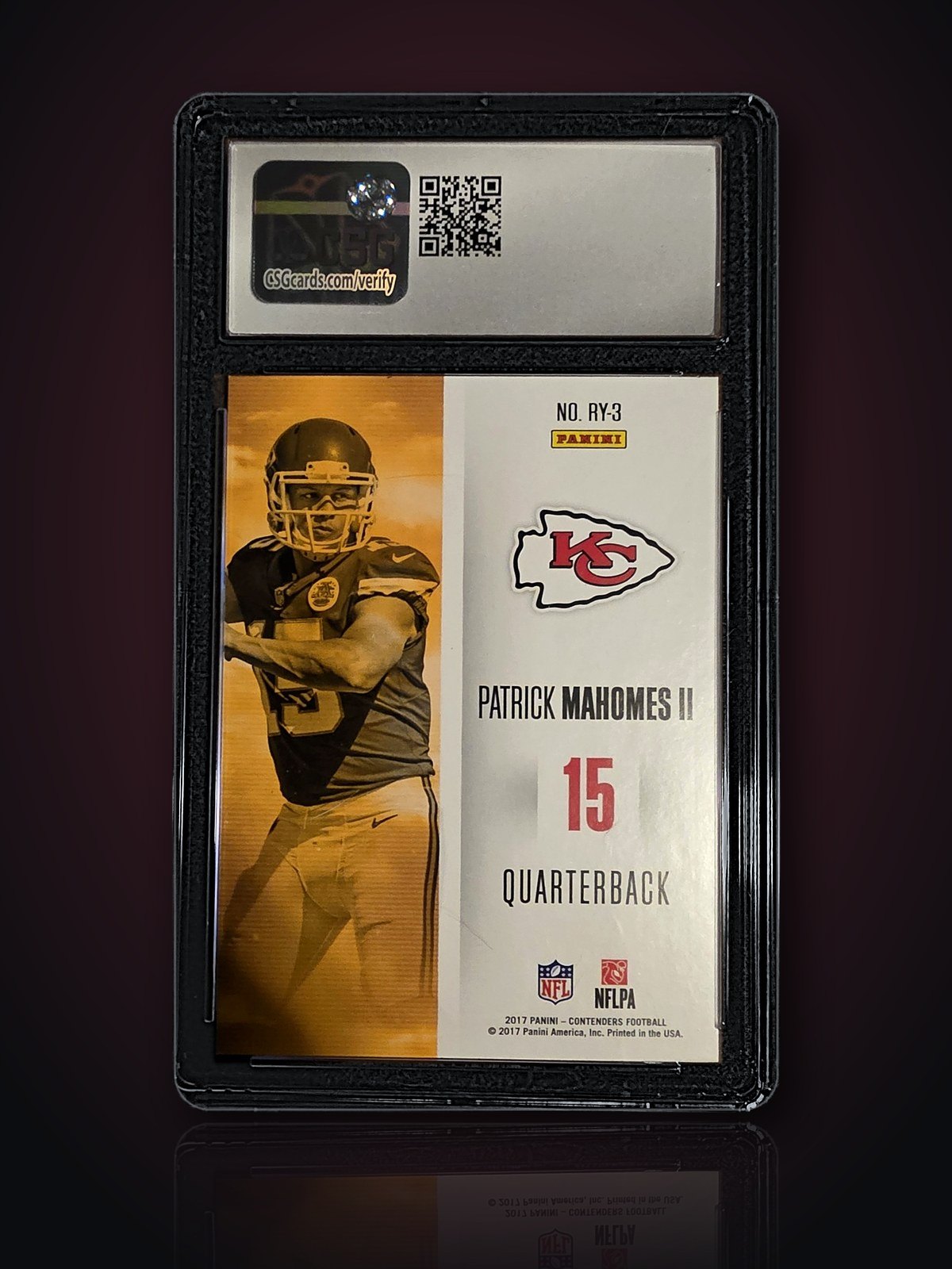 Back of the Patrick Mahomes II card showing card number RY-3
