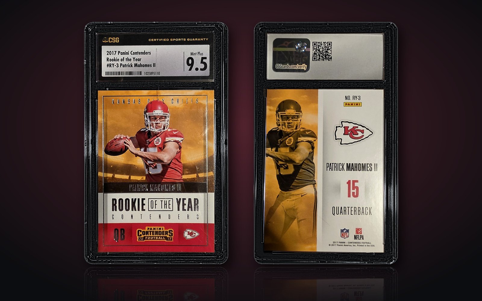 Front and back of the CSG 9.5 graded 2017 Panini Contenders Rookie of the Year Patrick Mahomes II card