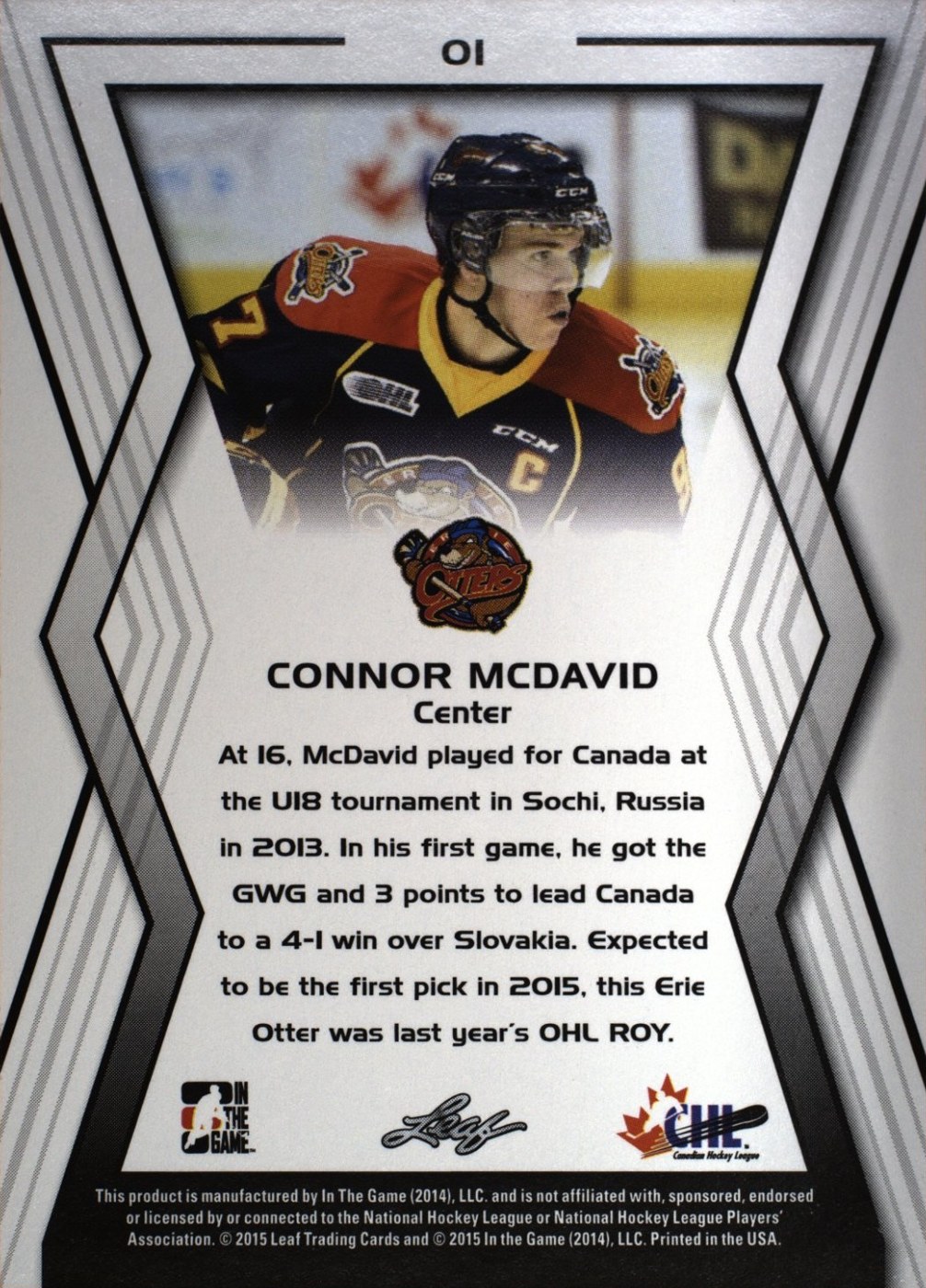 High-resolution TAG scan of the back of the Connor McDavid In The Game CHL Draft card number 01