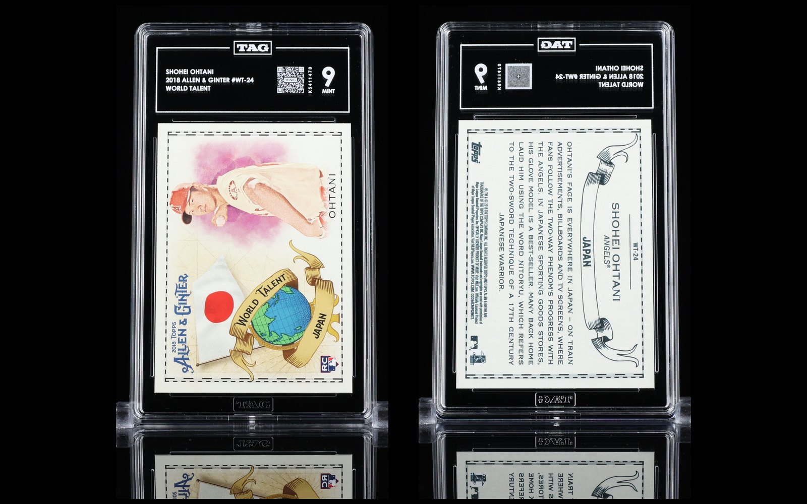 TAG studio photo of the graded 2018 Allen & Ginter World Talent #WT-24 Shohei Ohtani slab, front and back