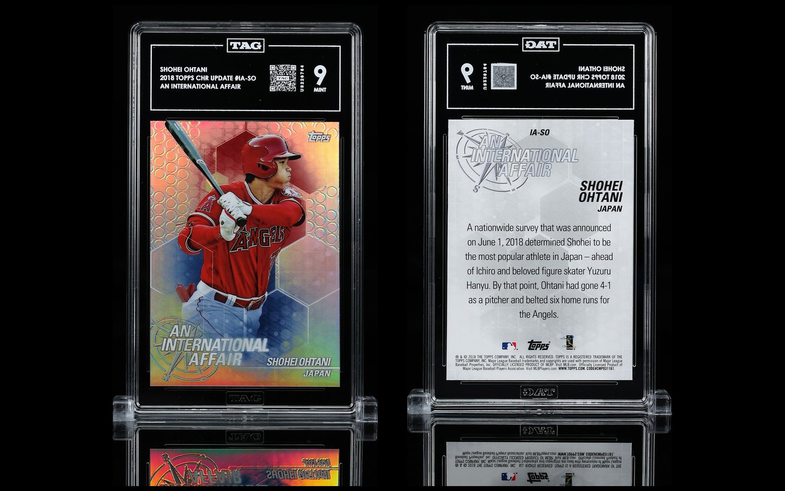 TAG studio photo of the graded 2018 Topps Chrome Update An International Affair #IA-SO Shohei Ohtani slab, front and back