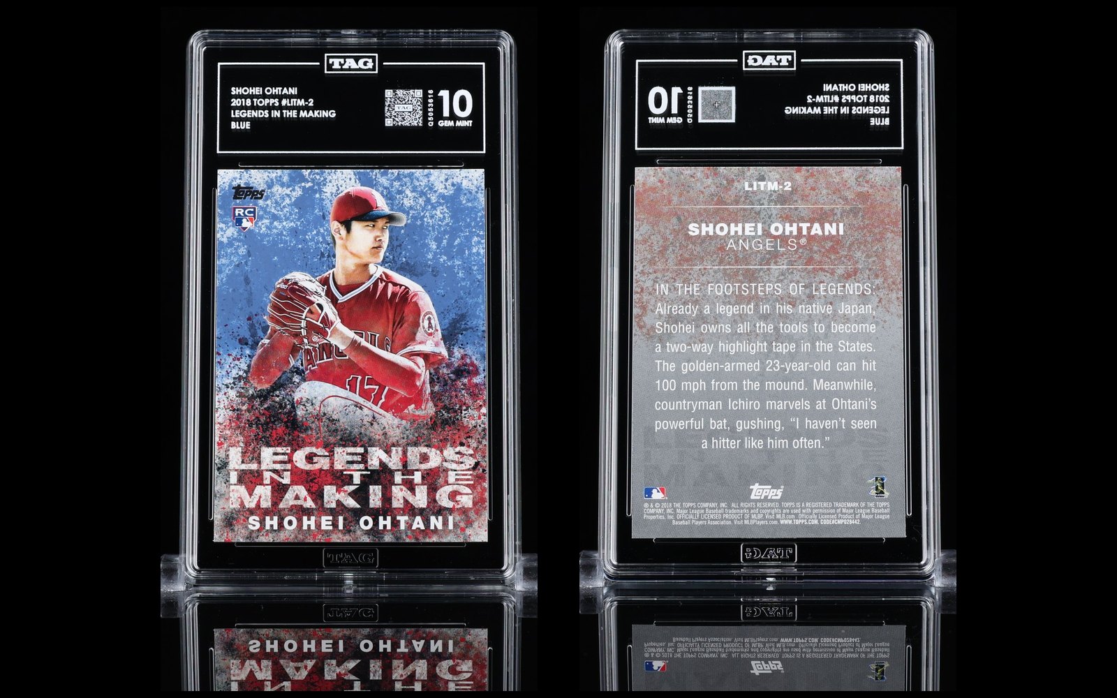 TAG studio photo of the graded 2018 Topps Legends in the Making Blue #LITM-2 Shohei Ohtani slab, front and back