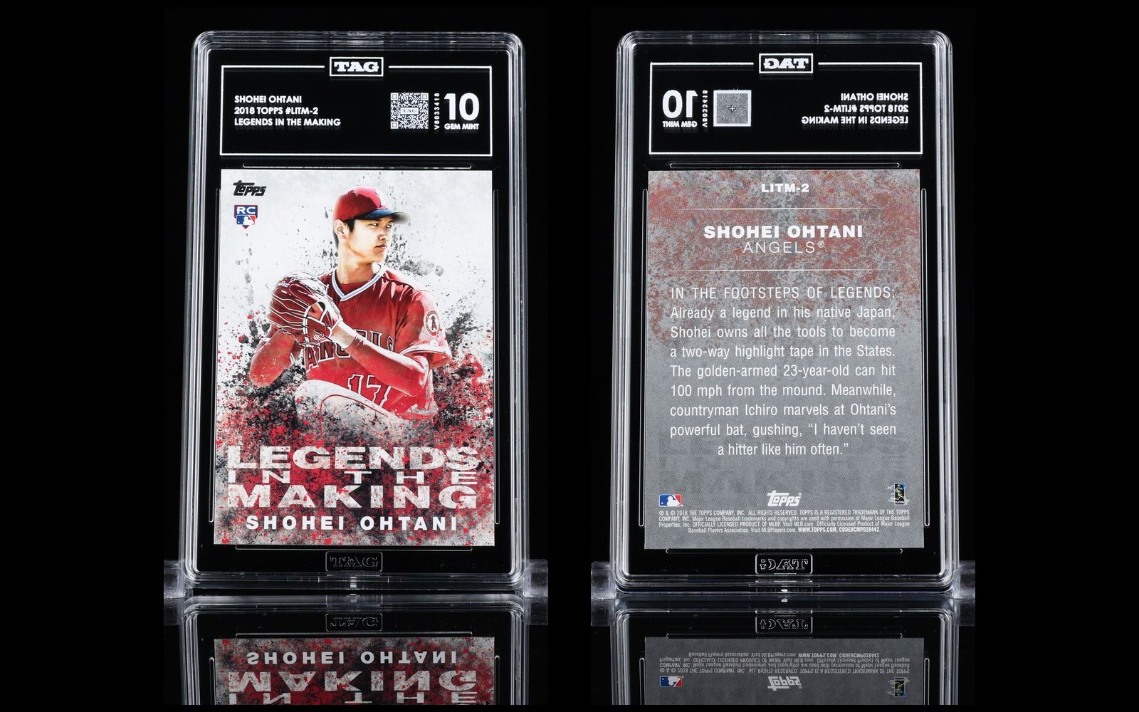 TAG studio photo of the graded 2018 Topps Legends in the Making #LITM-2 Shohei Ohtani slab, front and back