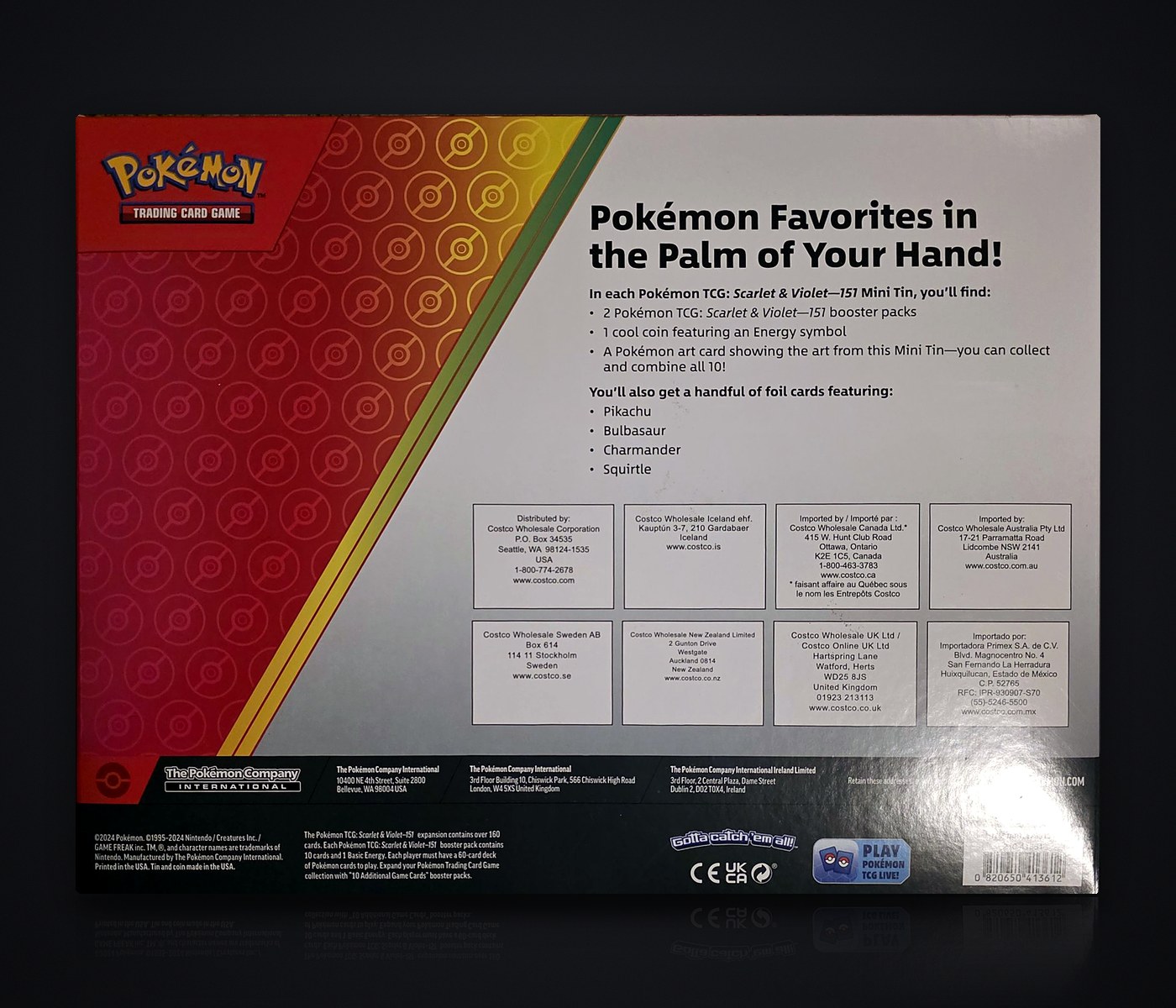 Back of the Costco Pokemon 151 mini tin box