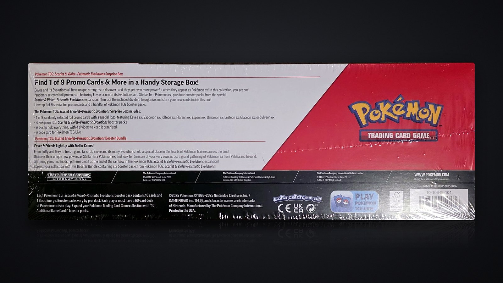 Back of the Prismatic Evolutions Surprise Box bundle