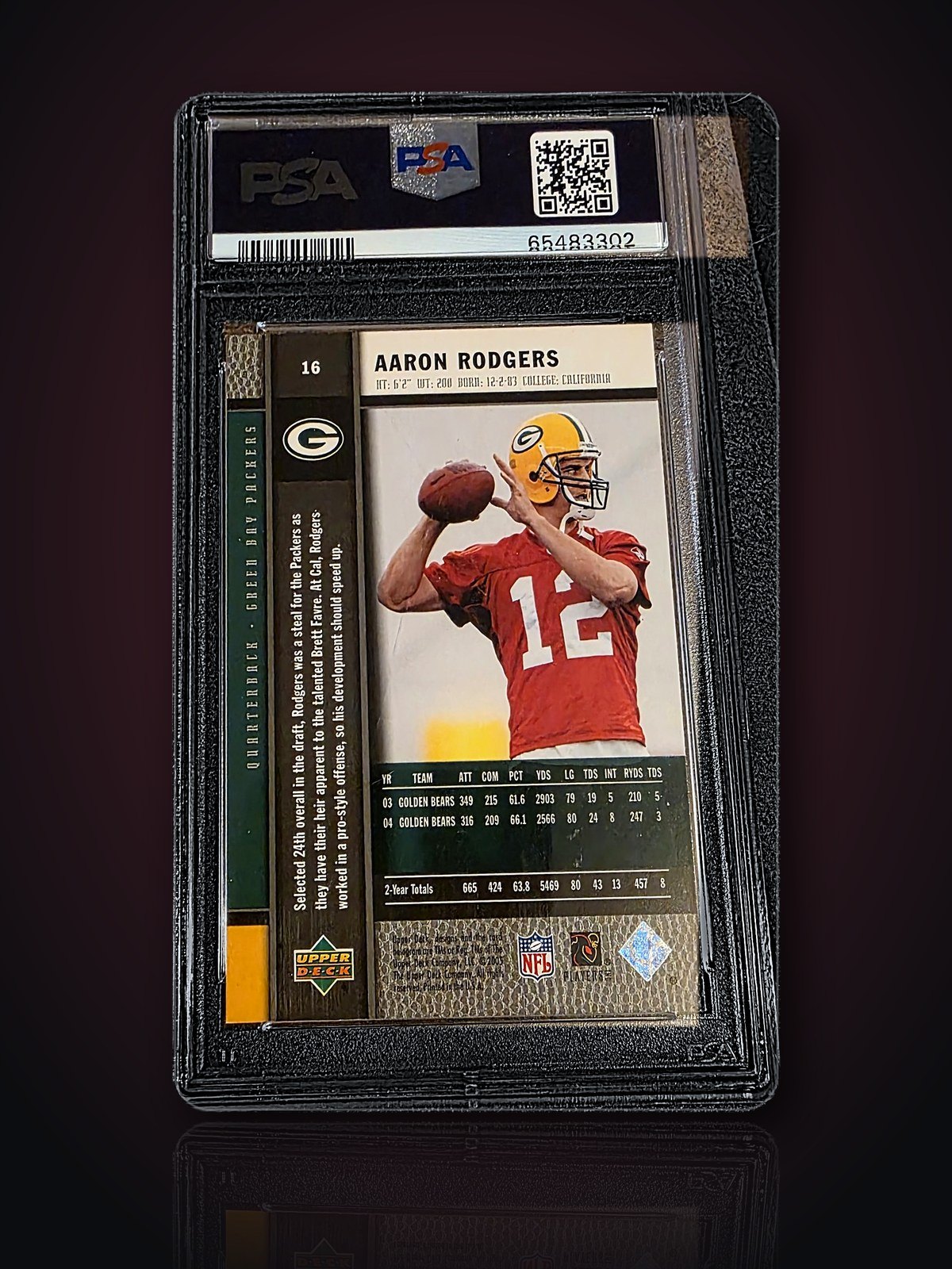 Back of the Aaron Rodgers Rookie Premiere card with his Cal stats