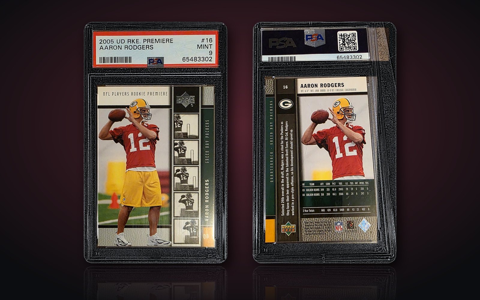 Front and back of the PSA 9 graded 2005 Upper Deck Rookie Premiere Aaron Rodgers card number 16