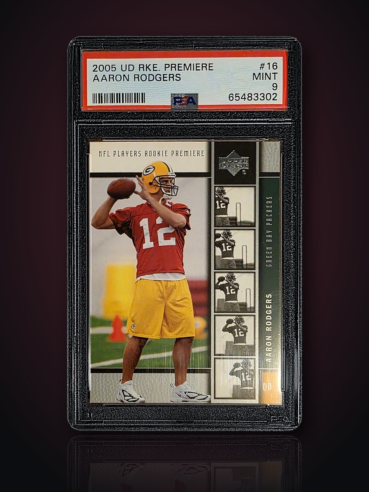 Front of the Aaron Rodgers Rookie Premiere card in a red practice jersey