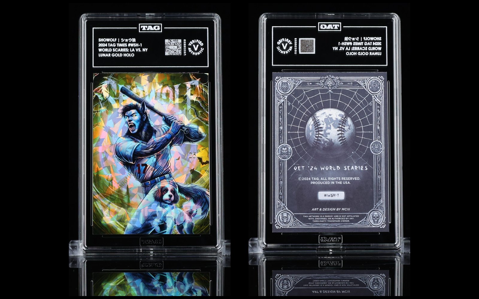 TAG studio photo of the graded 2024 TAG Times World Scaries #WSH-1 Showolf Lunar Gold /25 slab, front and back