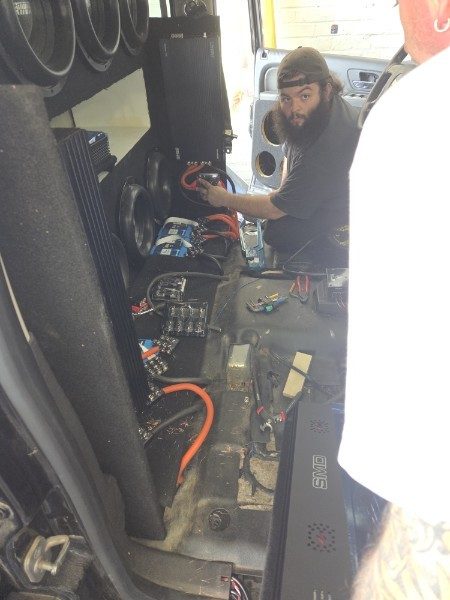 Rear hatch wall with PRV 12-inch speakers, horns and rows of bullet tweeters