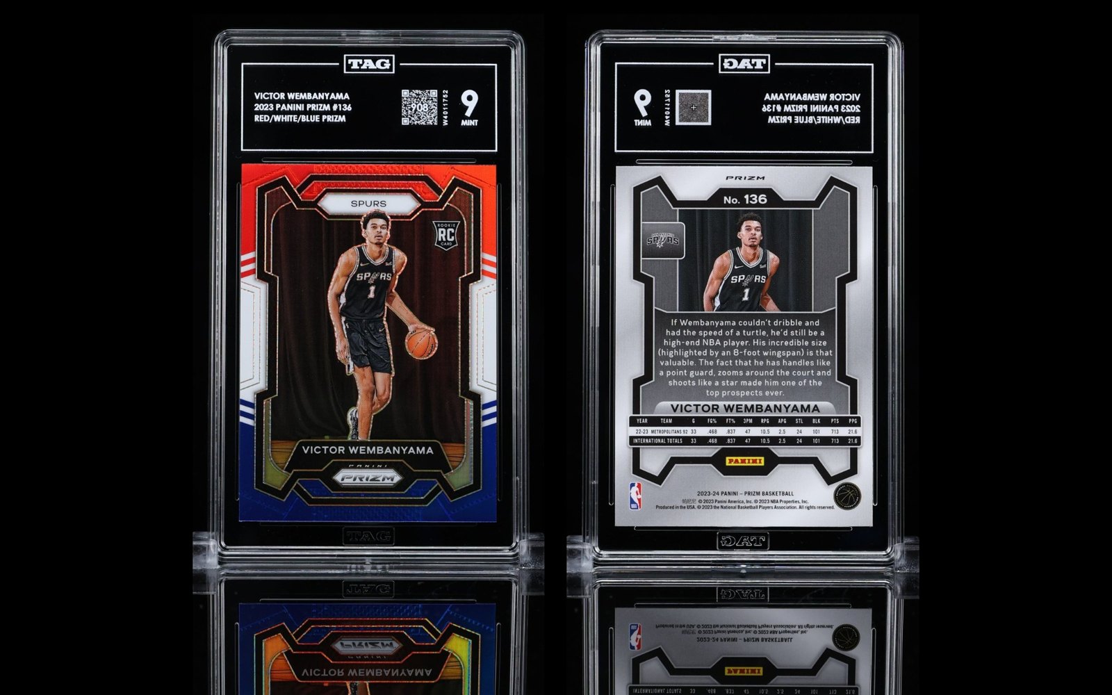 TAG studio photo of the graded Victor Wembanyama Prizm card, front and back