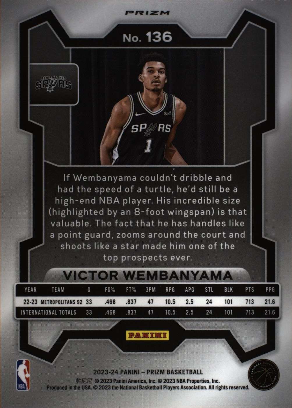 High-resolution TAG scan of the back of the Wembanyama Prizm card number 136