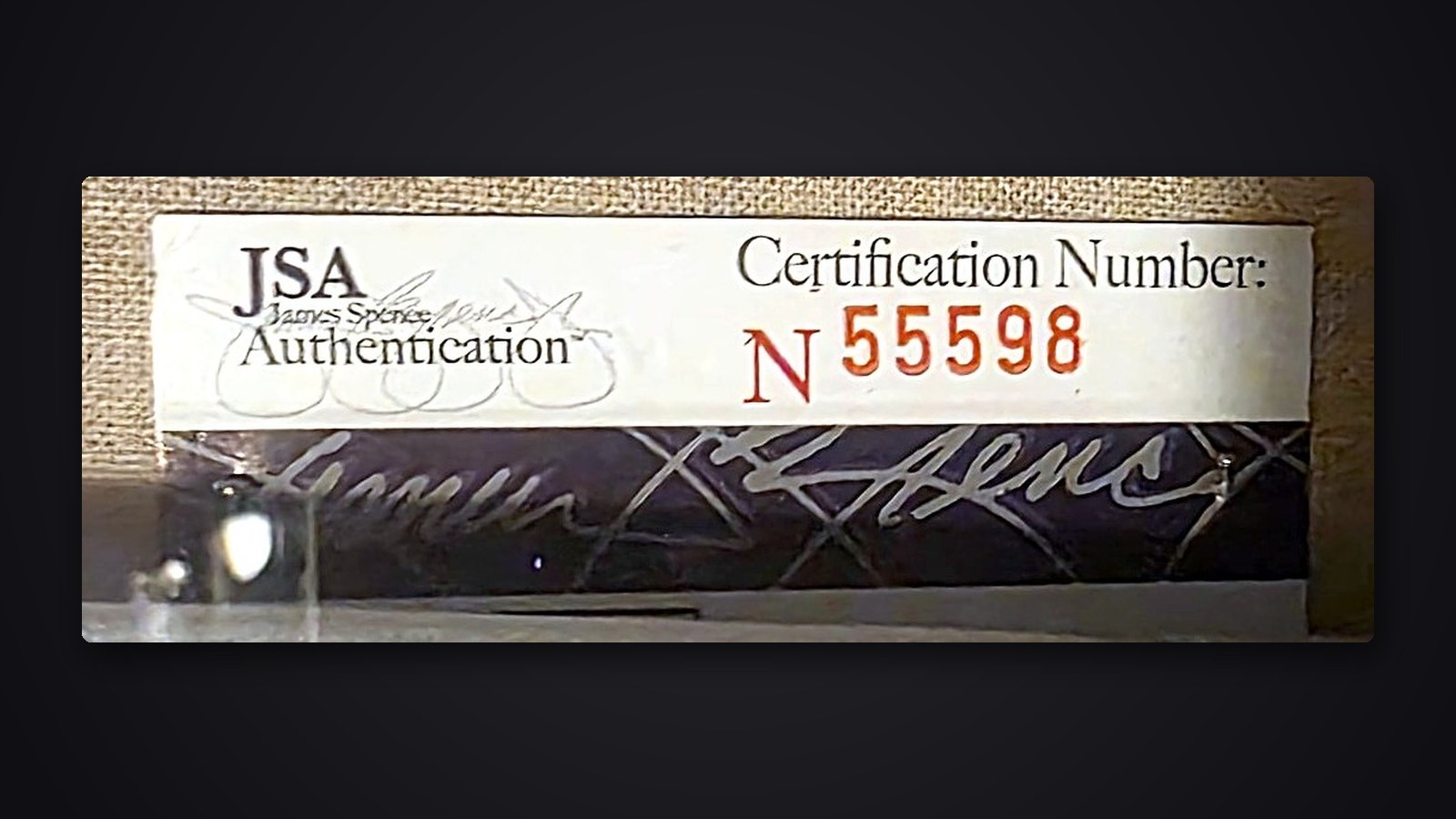 JSA authentication sticker with certification number N55598